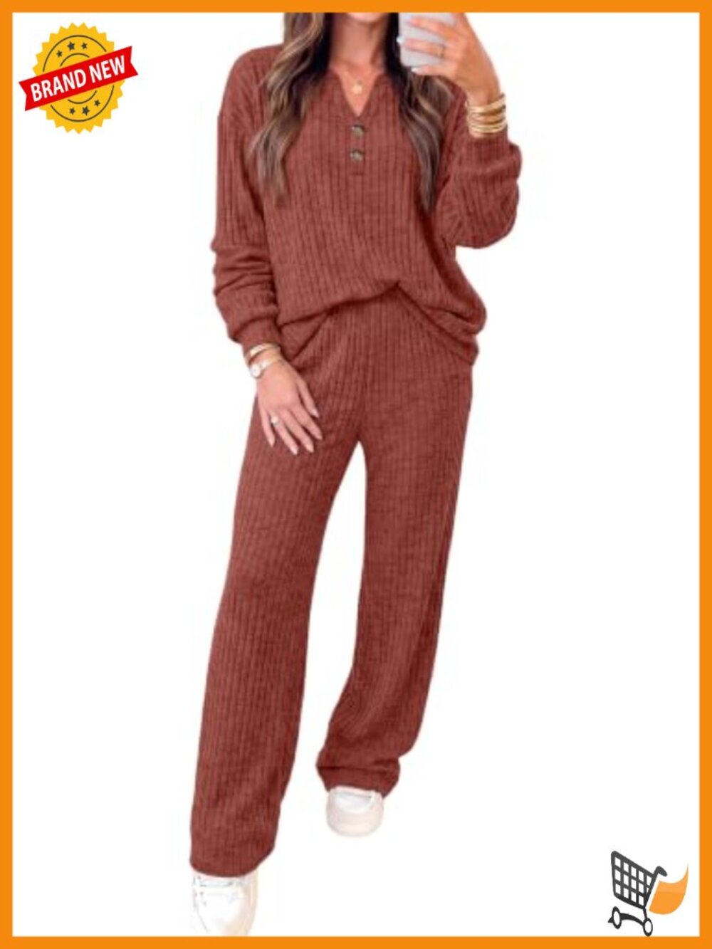 Women's 2 Piece Sweater Lounge Set Henley Neck Wide Leg Pants